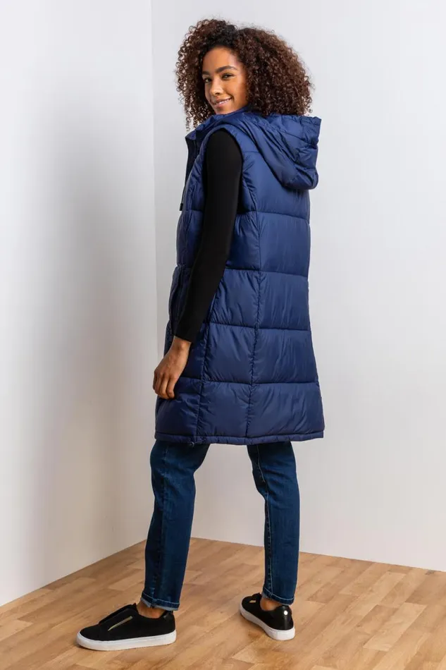 Navy Padded Longline Hooded Gilet Women Roman Jackets