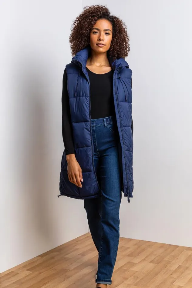 Navy Padded Longline Hooded Gilet Women Roman Jackets