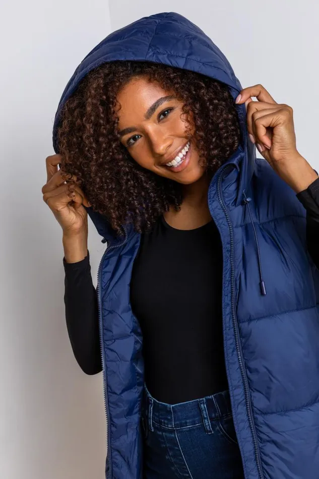 Navy Padded Longline Hooded Gilet Women Roman Jackets