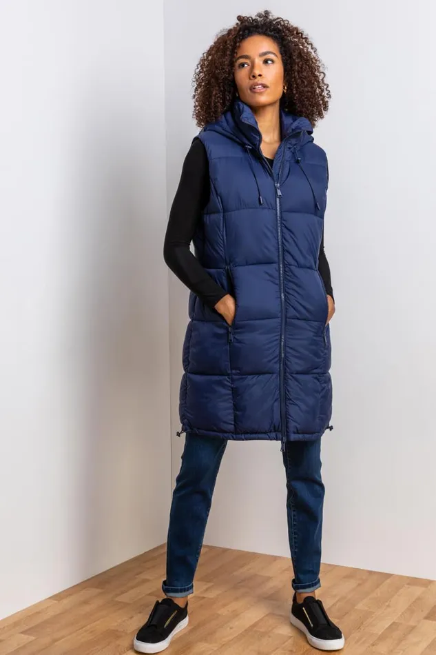 Navy Padded Longline Hooded Gilet Women Roman Jackets