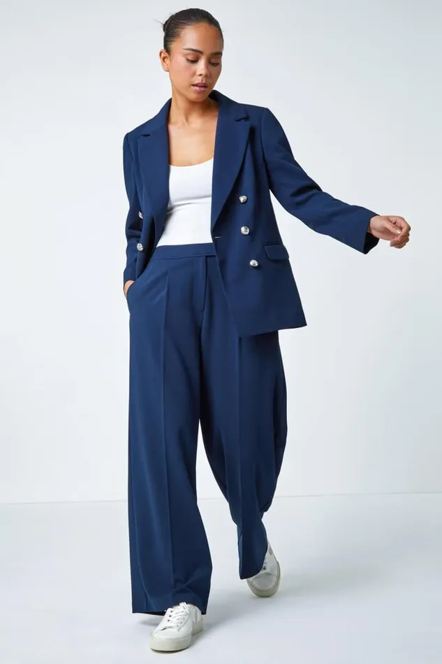 Navy Petite Button Fastened Wide Leg Trousers Women Roman Trousers