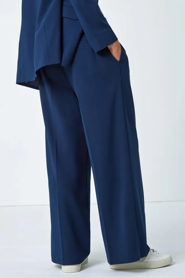 Navy Petite Button Fastened Wide Leg Trousers Women Roman Trousers