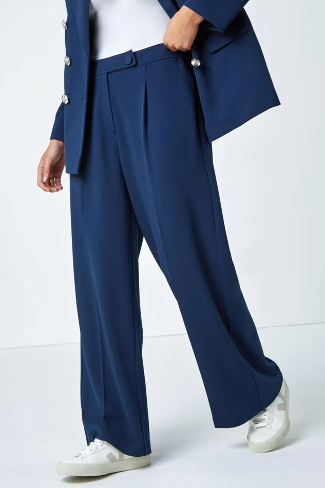 Navy Petite Button Fastened Wide Leg Trousers Women Roman Trousers