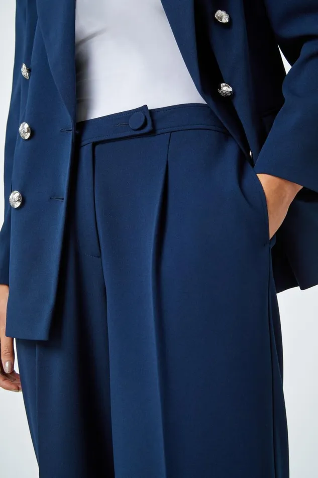 Navy Petite Button Fastened Wide Leg Trousers Women Roman Trousers