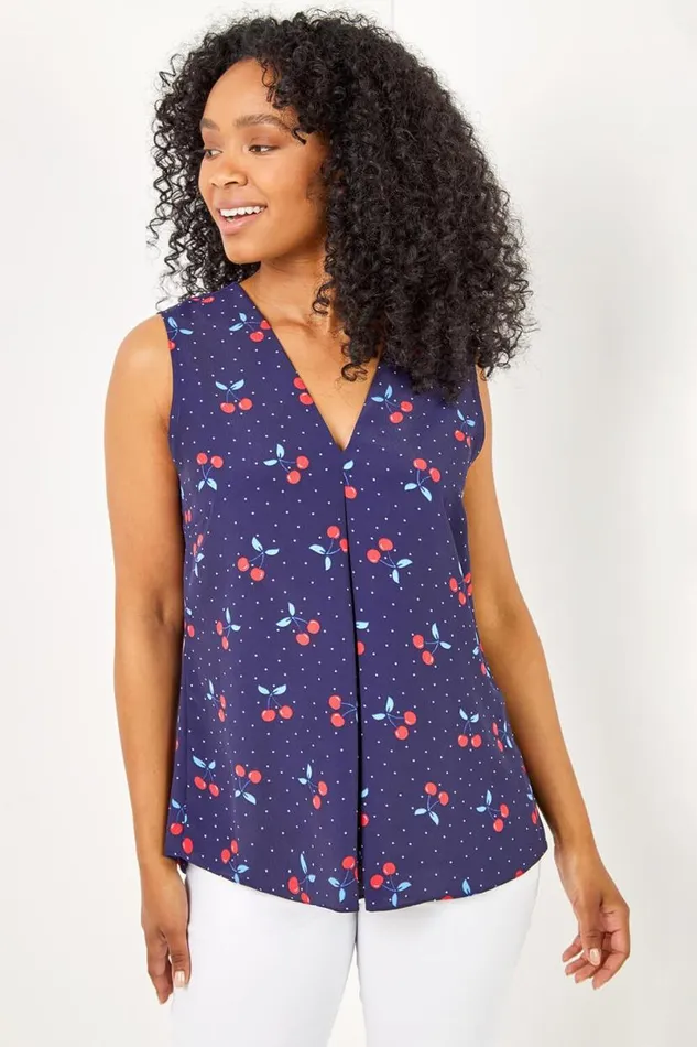 Navy Petite Cherry Spot Print Pleat Front Top Women Roman Tops