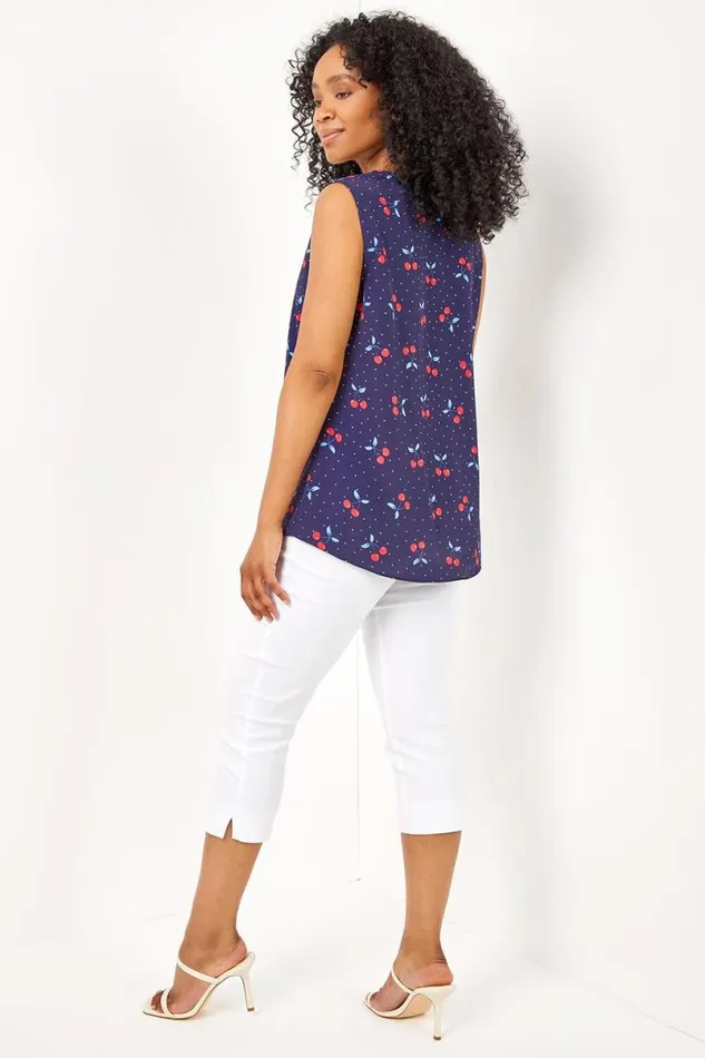 Navy Petite Cherry Spot Print Pleat Front Top Women Roman Tops