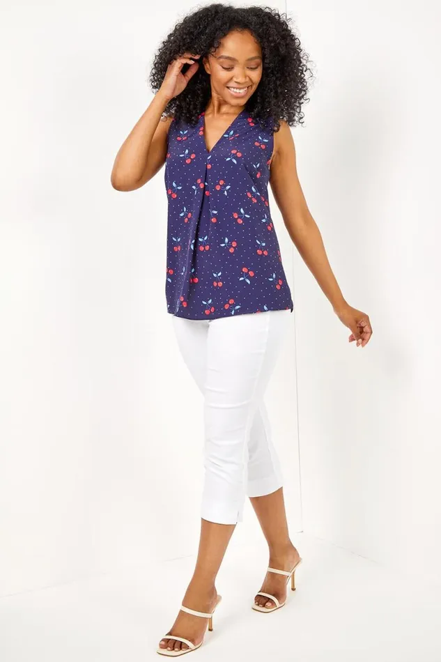 Navy Petite Cherry Spot Print Pleat Front Top Women Roman Tops