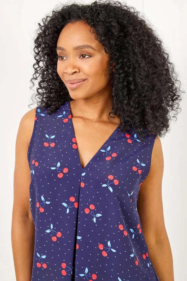 Navy Petite Cherry Spot Print Pleat Front Top Women Roman Tops