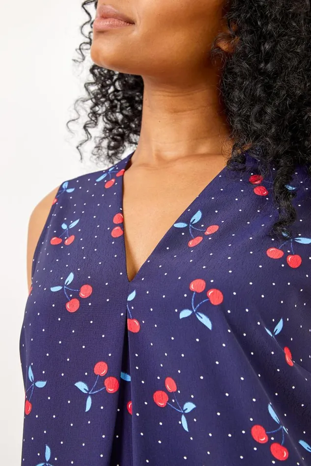 Navy Petite Cherry Spot Print Pleat Front Top Women Roman Tops