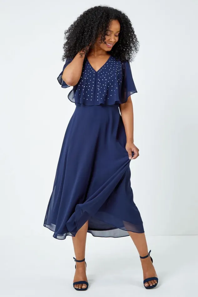 Navy Petite Embellished Chiffon Midi Cape Dress Women Roman Dresses