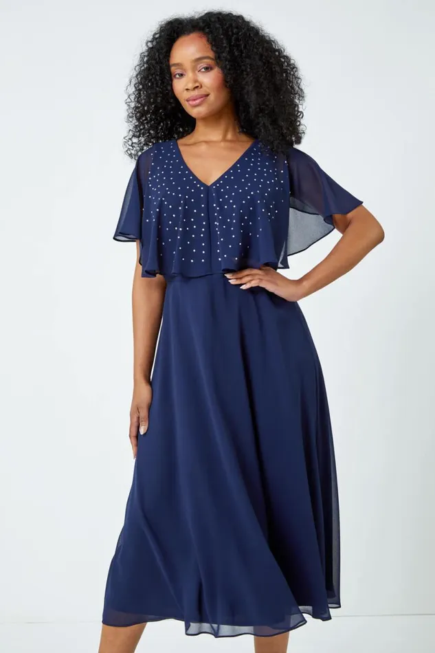 Navy Petite Embellished Chiffon Midi Cape Dress Women Roman Dresses