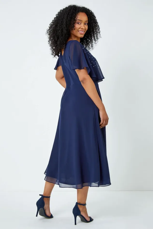 Navy Petite Embellished Chiffon Midi Cape Dress Women Roman Dresses