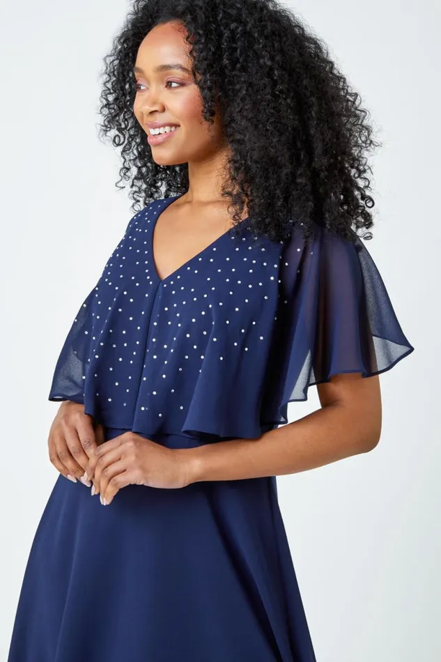 Navy Petite Embellished Chiffon Midi Cape Dress Women Roman Dresses