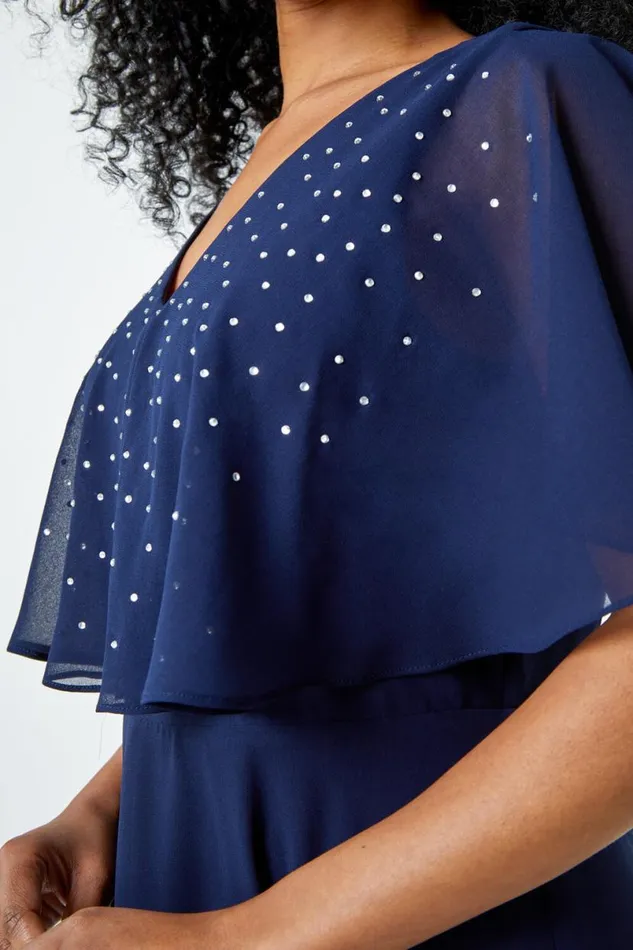 Navy Petite Embellished Chiffon Midi Cape Dress Women Roman Dresses