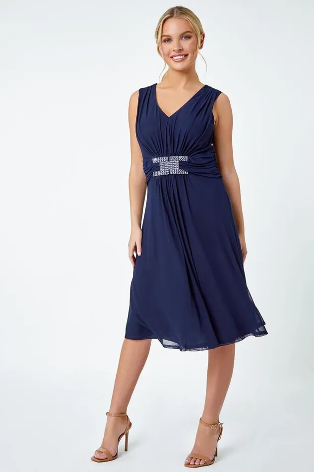 Navy Petite Embellished Waist Stretch Dress Women Roman Dresses
