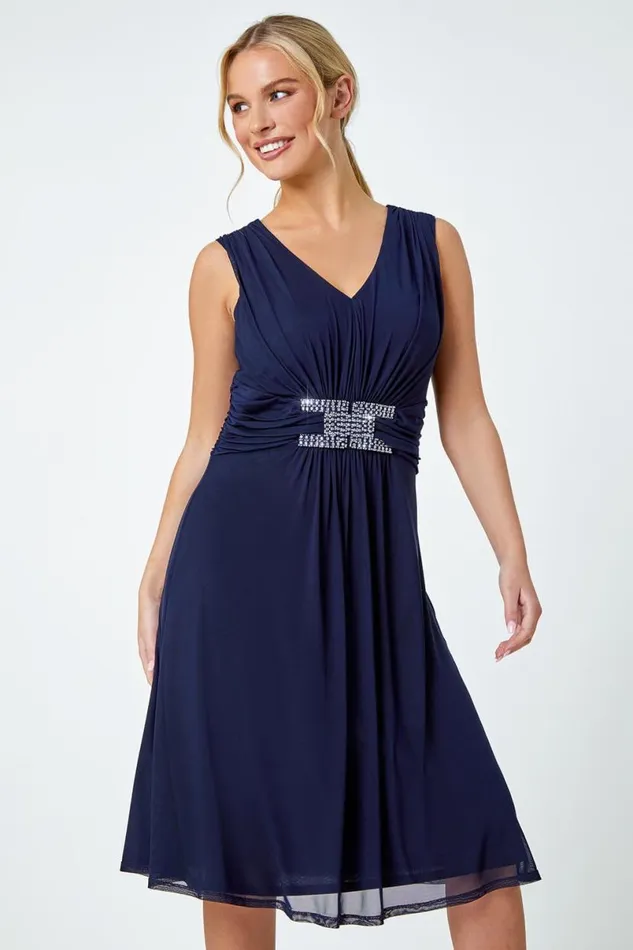 Navy Petite Embellished Waist Stretch Dress Women Roman Dresses