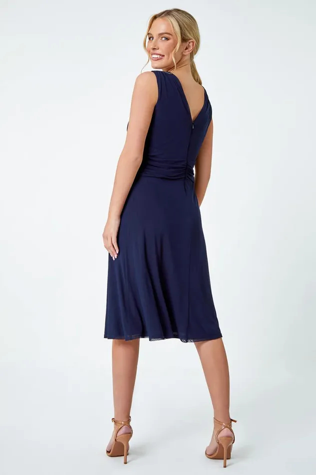 Navy Petite Embellished Waist Stretch Dress Women Roman Dresses