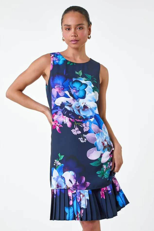 Navy Petite Floral Print Pleated Hem Shift Dress Women Roman Dresses