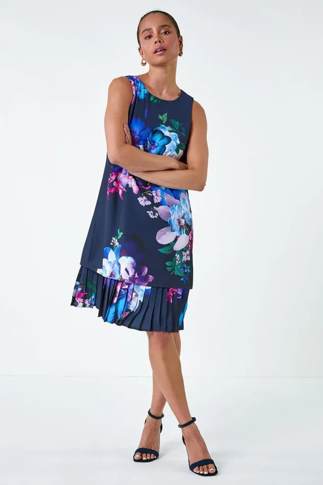 Navy Petite Floral Print Pleated Hem Shift Dress Women Roman Dresses