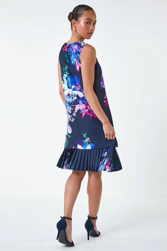 Navy Petite Floral Print Pleated Hem Shift Dress Women Roman Dresses