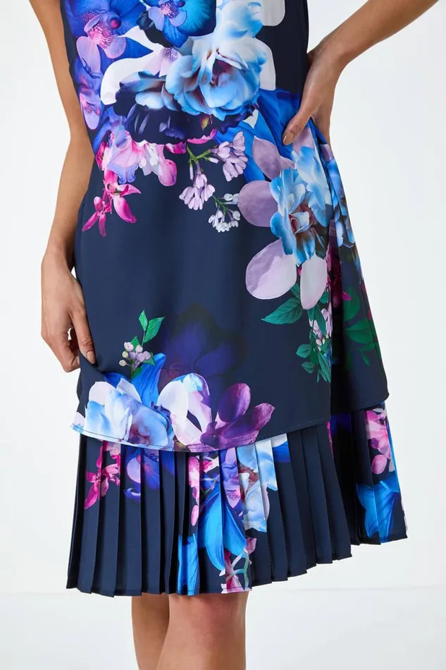 Navy Petite Floral Print Pleated Hem Shift Dress Women Roman Dresses
