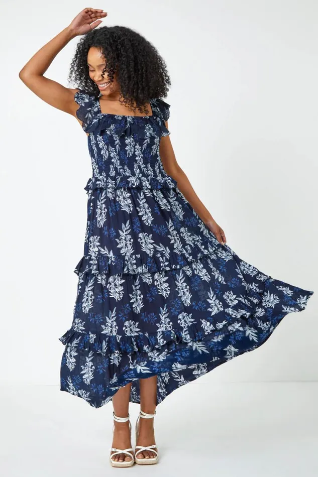 Navy Petite Floral Print Tiered Maxi Dress Women Roman Dresses