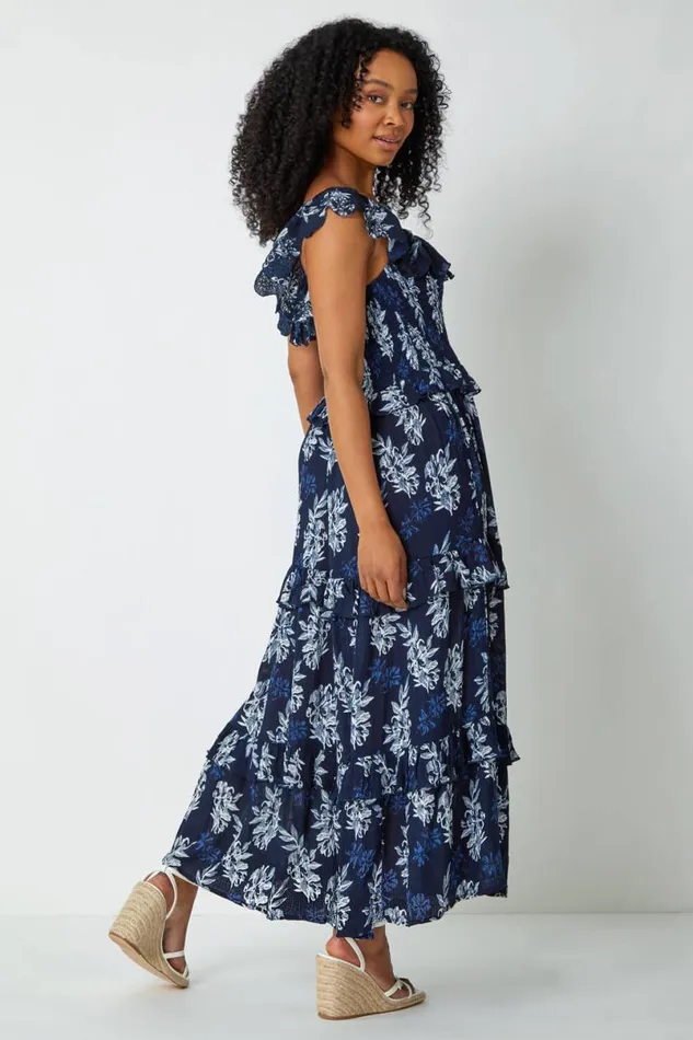 Navy Petite Floral Print Tiered Maxi Dress Women Roman Dresses