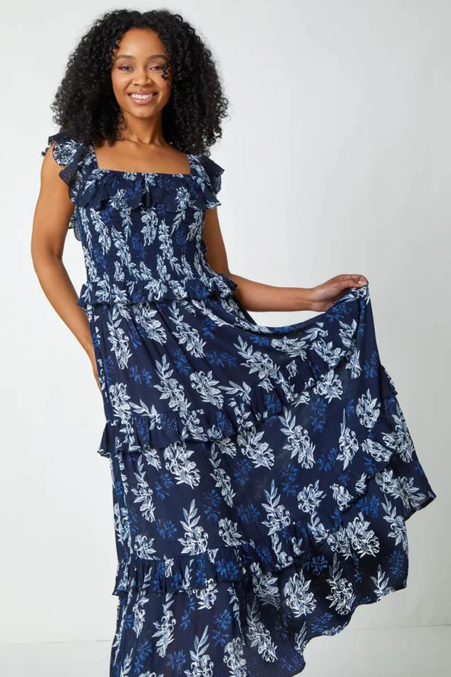Navy Petite Floral Print Tiered Maxi Dress Women Roman Dresses
