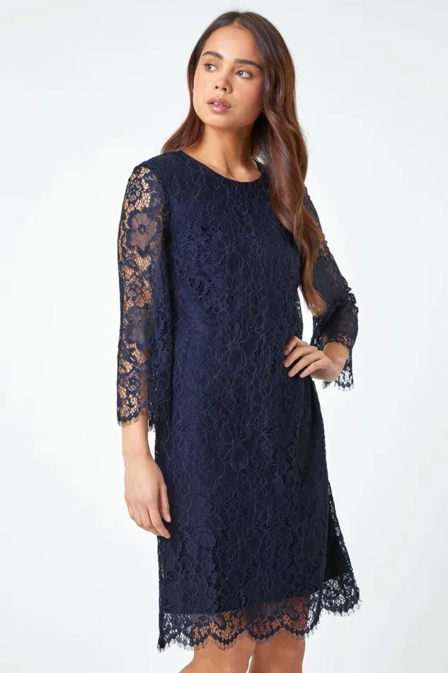 Navy Petite Lace Overlay Tunic Dress Women Roman Dresses