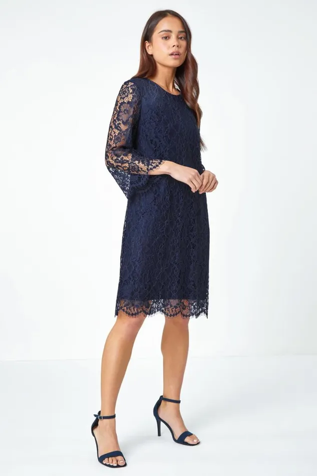 Navy Petite Lace Overlay Tunic Dress Women Roman Dresses