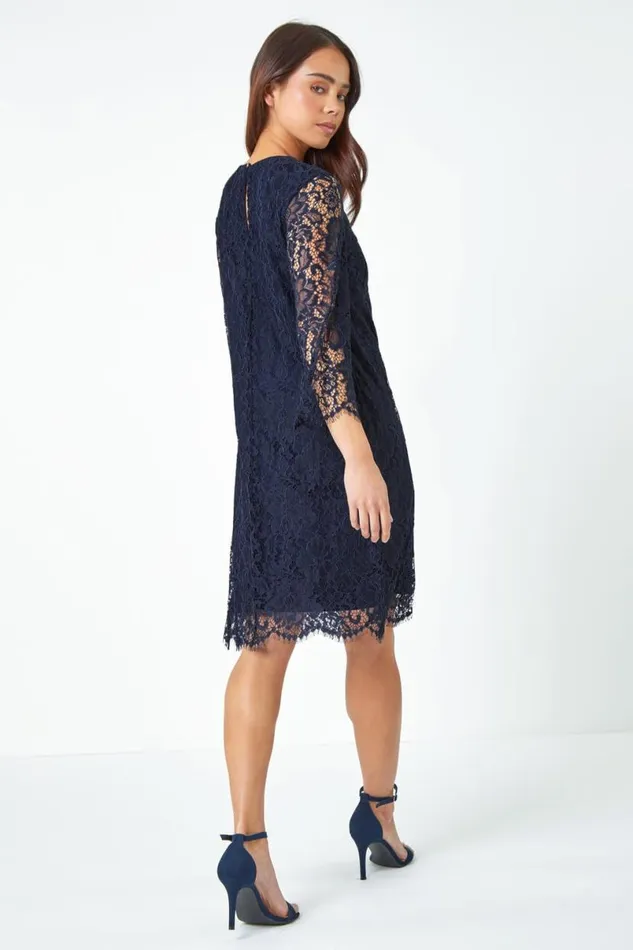Navy Petite Lace Overlay Tunic Dress Women Roman Dresses