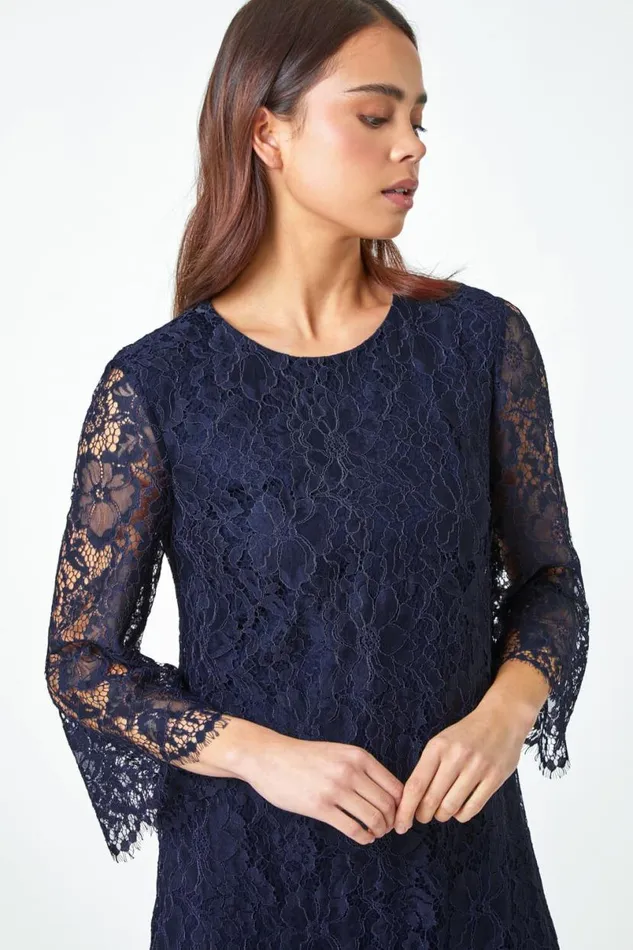 Navy Petite Lace Overlay Tunic Dress Women Roman Dresses