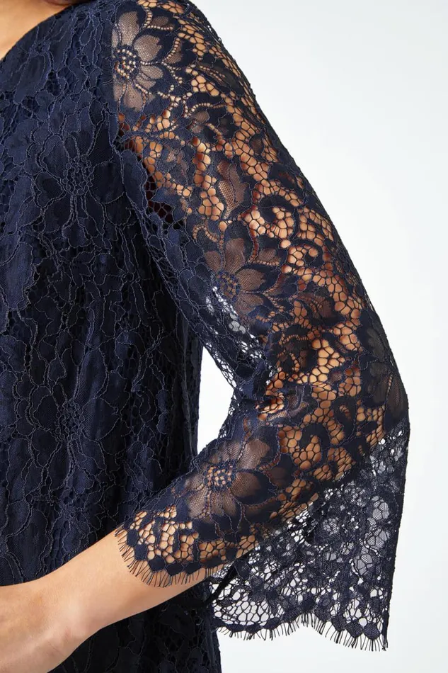 Navy Petite Lace Overlay Tunic Dress Women Roman Dresses