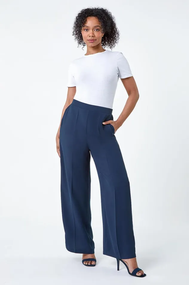 Navy Petite Pocket Wide Leg Elastic Waist Trousers Women Roman Trousers