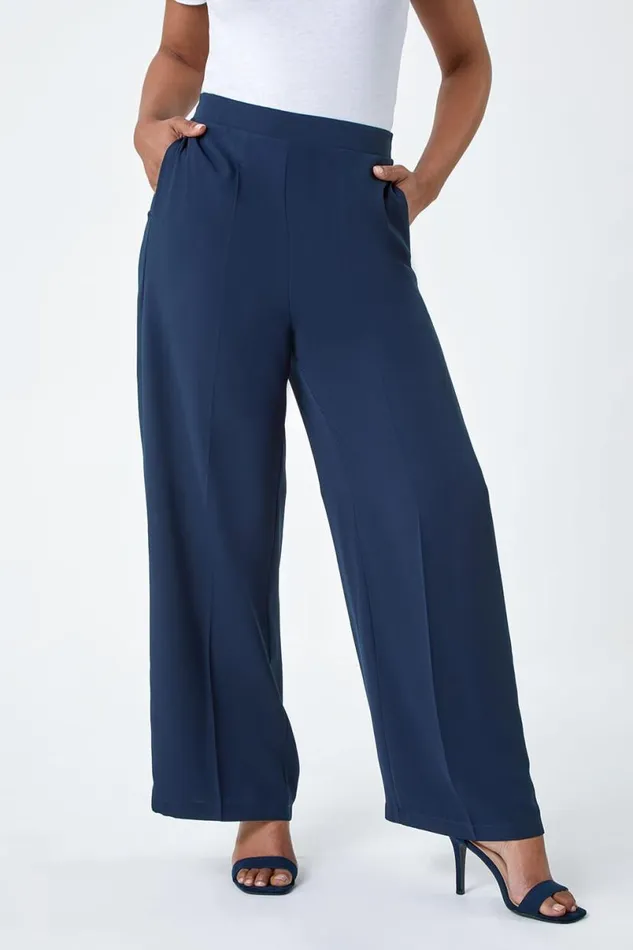 Navy Petite Pocket Wide Leg Elastic Waist Trousers Women Roman Trousers
