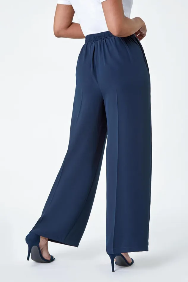 Navy Petite Pocket Wide Leg Elastic Waist Trousers Women Roman Trousers