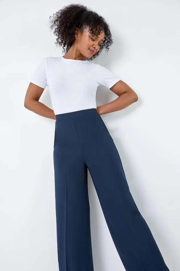 Navy Petite Pocket Wide Leg Elastic Waist Trousers Women Roman Trousers
