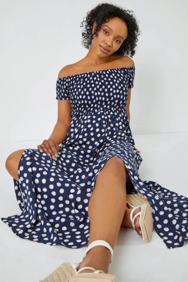 Navy Petite Polka Dot Bardot Maxi Dress Women Roman Dresses
