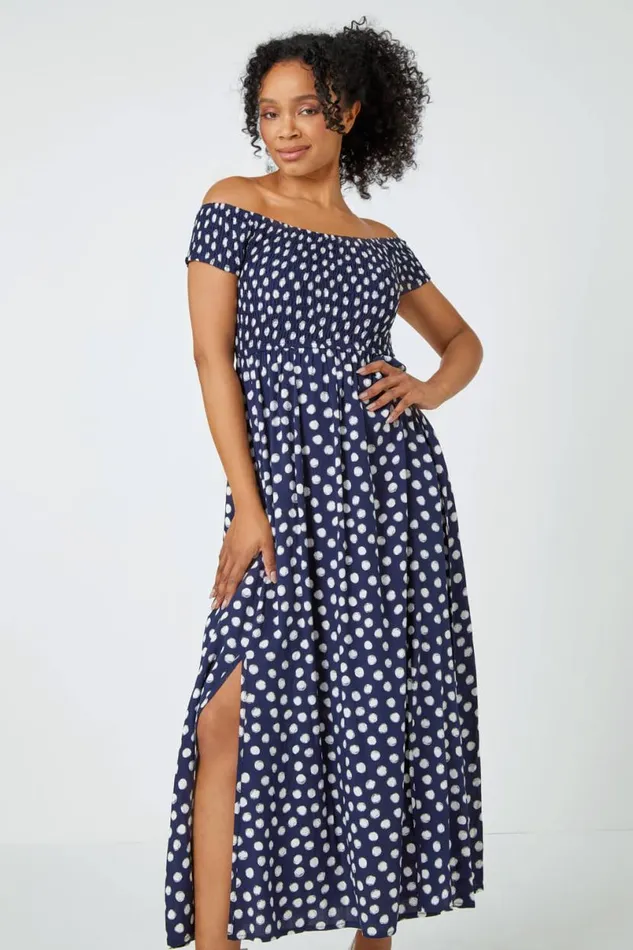 Navy Petite Polka Dot Bardot Maxi Dress Women Roman Dresses