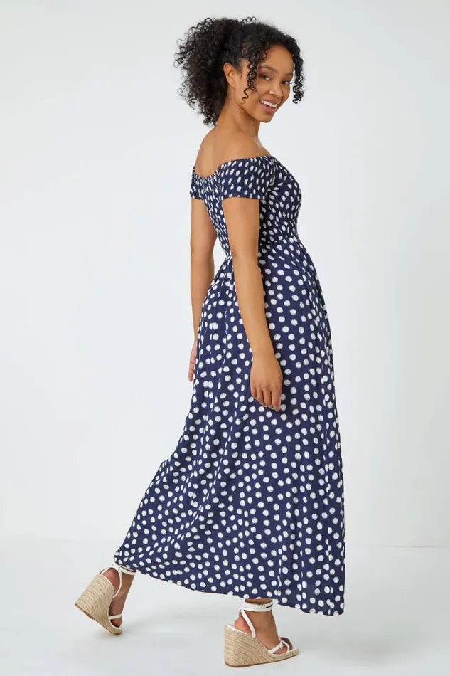 Navy Petite Polka Dot Bardot Maxi Dress Women Roman Dresses