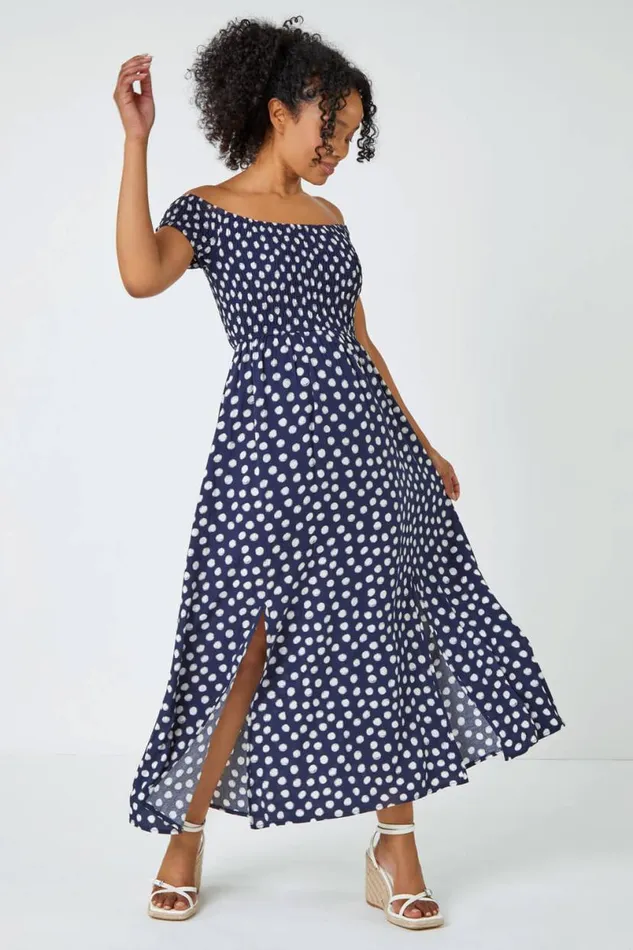 Navy Petite Polka Dot Bardot Maxi Dress Women Roman Dresses