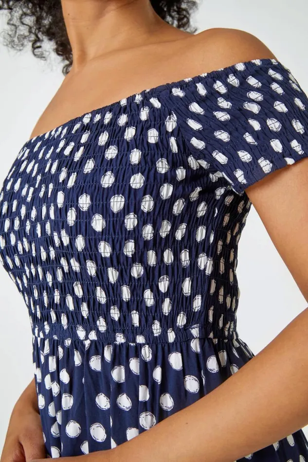 Navy Petite Polka Dot Bardot Maxi Dress Women Roman Dresses