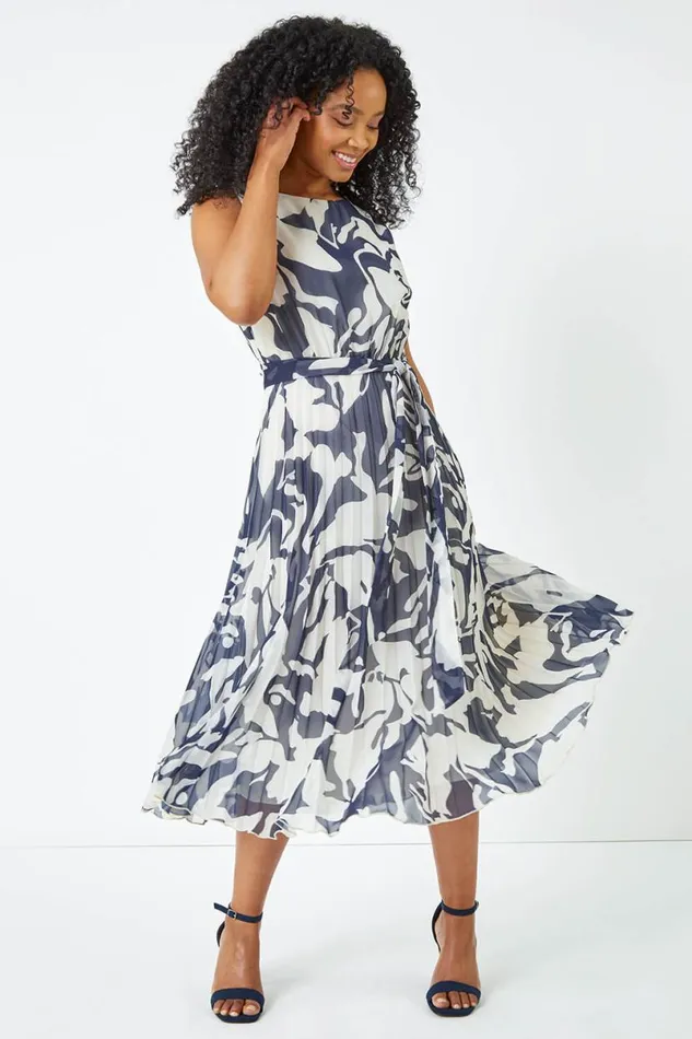 Navy Petite Sleeveless Floral Chiffon Dress Women Roman Dresses