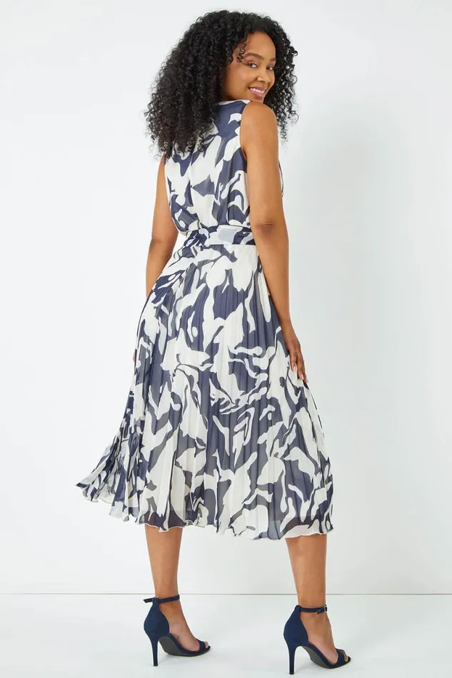 Navy Petite Sleeveless Floral Chiffon Dress Women Roman Dresses