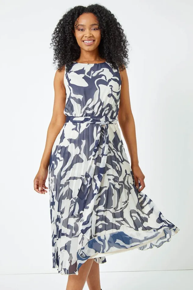 Navy Petite Sleeveless Floral Chiffon Dress Women Roman Dresses