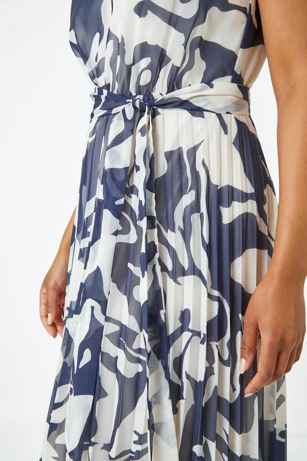Navy Petite Sleeveless Floral Chiffon Dress Women Roman Dresses