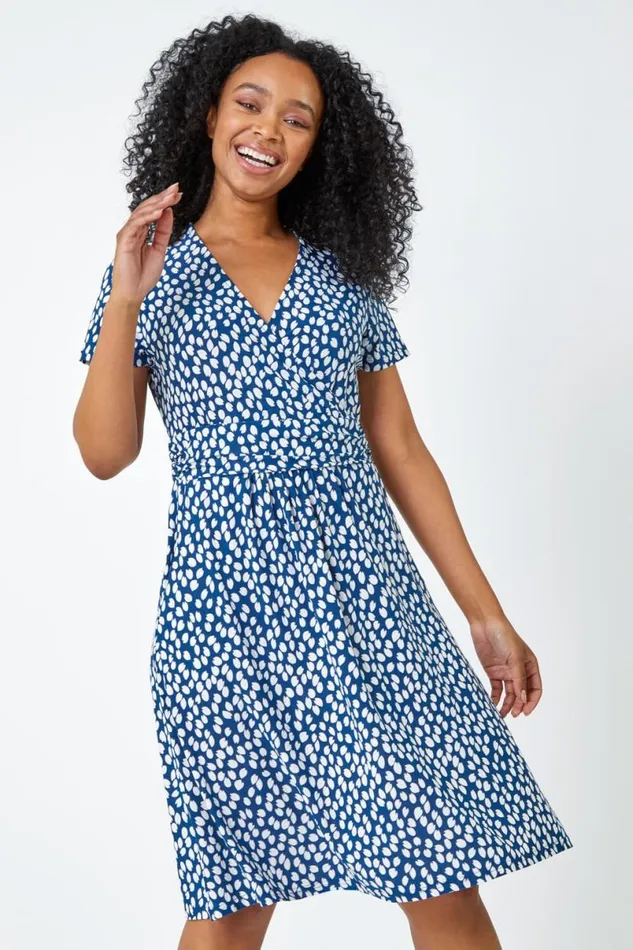 Navy Petite Spot Print Wrap Dress Women Roman Dresses