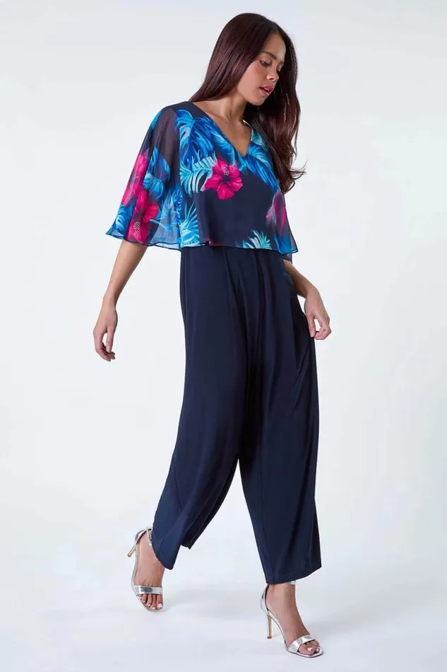 Navy Petite Tropical Chiffon Overlay Jumpsuit Women Roman Dresses