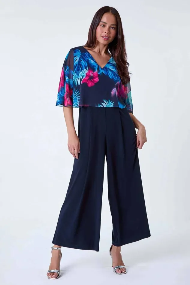 Navy Petite Tropical Chiffon Overlay Jumpsuit Women Roman Dresses