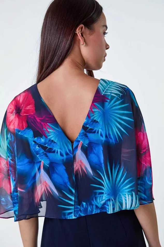 Navy Petite Tropical Chiffon Overlay Jumpsuit Women Roman Dresses